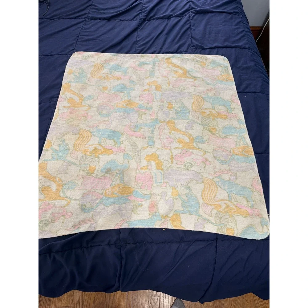 Vintage MCM Baby Receiving Blanket Unisex OS Pastel Animal Print Knit  30